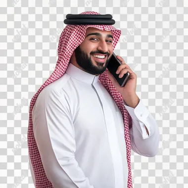 PNG Saudi man in white shirt happily talking on cell phone, isolated scene