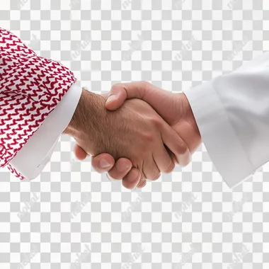 PNG Saudi men shaking hands against a clean white backdrop in an office setting