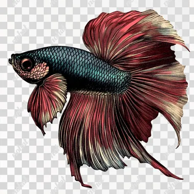 PNG Siamese Fighting Fish Vintage Illustration Clip Art from Southeast Asia