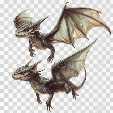 PNG Small older dragons flying in the air, realistic front view design