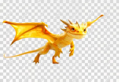 PNG Small yellow dragon flying in the air, looking at the camera, comic style