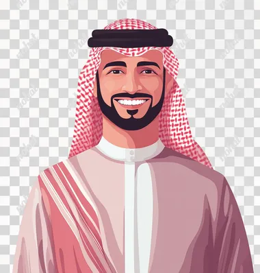 PNG Smiling Saudi man in thobe with red and white robe, cartoon style