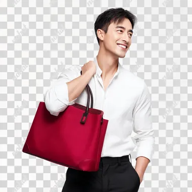 PNG Stylish Asian Model with Crimson Tote Bag PNG Stylish Asian Model with Crimson Tote Bag