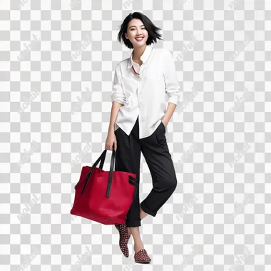 PNG Stylish Asian Woman with Crimson Tote Bag PNG Stylish Asian Woman with Crimson Tote Bag