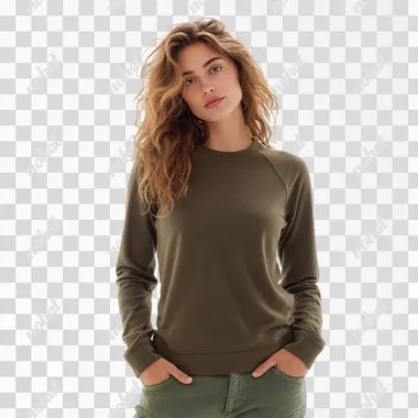 PNG Stylish European American Female Model in Khaki Raglan Sleeve Top PNG Stylish European American Female Model in Khaki Raglan Sleeve Top