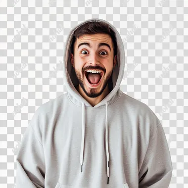 PNG Surprised joyful man in hoodie, chest-high photo against white backdrop