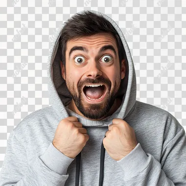 PNG Surprised man in hoodie expressing joy in urban living space photo