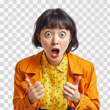 PNG Surprised Singaporean Chinese woman in yellow blouse and orange jacket PNG Surprised Singaporean Chinese woman in yellow blouse and orange jacket