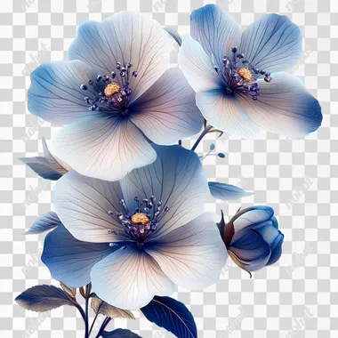 PNG Three Rare Blue Flowers from Exotic Gardens on White Background