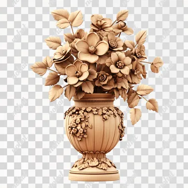 PNG Vase of Flowers on Table: Monotone 3D Illusion Wood Carving Design