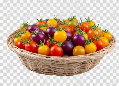 PNG Vibrant Rainbow Cherry Tomatoes in a Basket PNG Vibrant Rainbow Cherry Tomatoes in a Basket