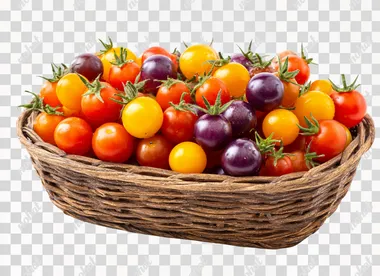 PNG Vibrant Rainbow Cherry Tomatoes in a Basket PNG Vibrant Rainbow Cherry Tomatoes in a Basket