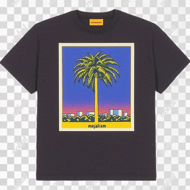 PNG Vintage Dark T-Shirt with Palm Tree and "Mejalism" Text for Beach Lovers