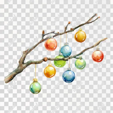 PNG Watercolor Christmas Branch with Colorful Ornaments PNG Watercolor Christmas Branch with Colorful Ornaments