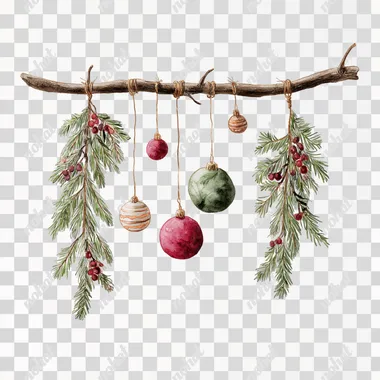 PNG Watercolor Christmas Branch with Hanging Ornaments PNG Watercolor Christmas Branch with Hanging Ornaments