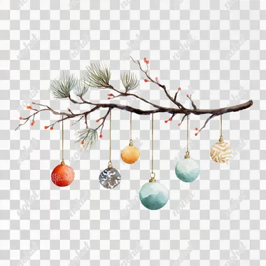 PNG Watercolor Christmas Branch with Ornaments PNG Watercolor Christmas Branch with Ornaments