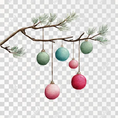PNG Watercolor Christmas Ornaments on Rustic Branch PNG Watercolor Christmas Ornaments on Rustic Branch
