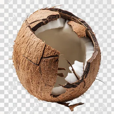 PNG Whole and Cracked Open Coconut Isolated on White, Tropical Fruit