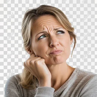 PNG Woman aged 45 with a concerned expression in deep thought, indoors. PNG Woman aged 45 with a concerned expression in deep thought, indoors.