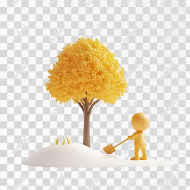 PNG Yellow figurine by tree in cozy children's toy style 3D illustration PNG Yellow figurine by tree in cozy children's toy style 3D illustration