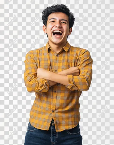 PNG Young Mexican man in yellow shirt celebrates joyfully, arms crossed