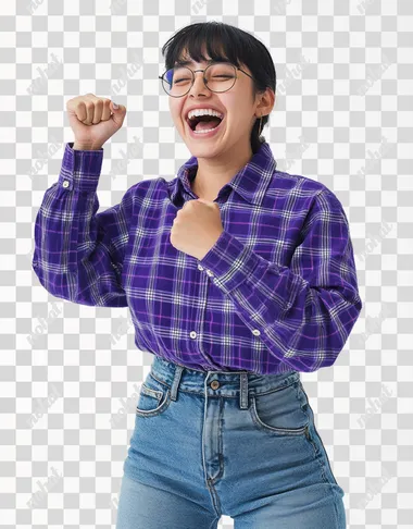 PNG Young Mexican woman in purple checkered shirt and jeans expressing joy PNG Young Mexican woman in purple checkered shirt and jeans expressing joy