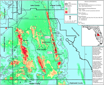 Polk County, Florida, USA digital elevation map showing sample ...