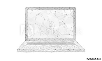 Polygon laptop with blockchain technology peer to peer network isolated on white background