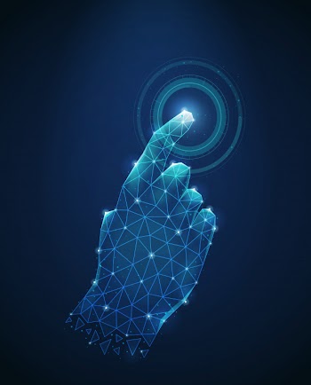 Polygonal wireframe image of human hand touch to electronic display abstract vector illustration Free Vector