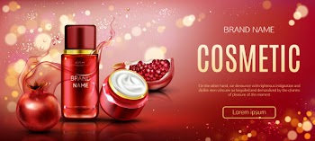 Pomegranate cosmetic bottles  beauty banner Free Vector