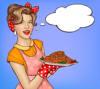Pop art woman holding tray with pasta and sauce illustration Free Vector