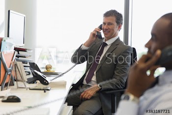 Portrait businessman talking on telephone in office