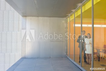 Portrait confident corporate business people standing at office window