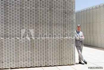 Portrait confident corporate businessman on sunny modern patio