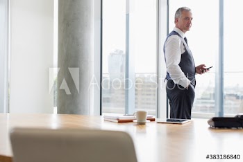 Portrait confident corporate businessman using smart phone in window