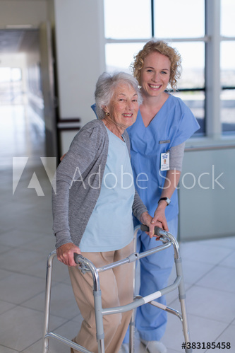 Portrait confident female nurse helping senior patient with walker