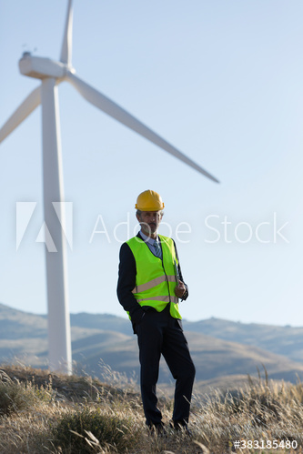 Portrait confident male engineer below wind turbine