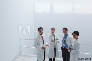 Portrait doctors in lab coats consulting in hospital