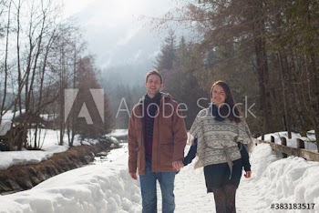 Portrait happy couple holding hands on sunny snowy footpath