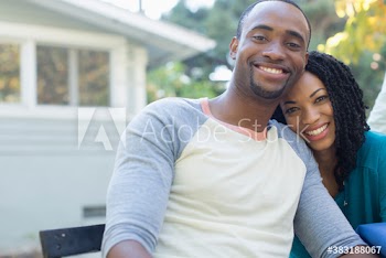 Portrait happy couple on patio