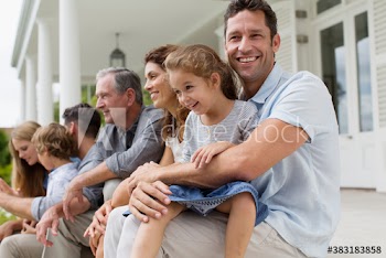 Portrait happy multi-generation family on patio