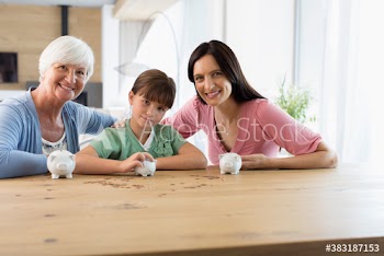 Portrait happy multi-generation women counting coins from piggybanks