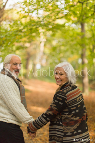 Portrait happy senior couple holding hands and walking in autumn park
