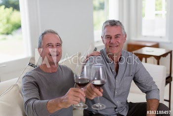 Portrait happy senior men toasting red wine glasses