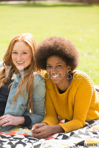 Portrait happy young women friends relaxing on blanket in sunny park