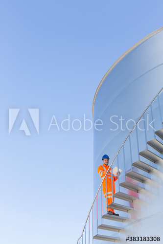 Portrait male worker on storage tank stairs