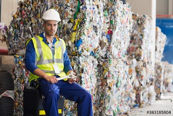 Portrait male worker with clipboard in recycling plant