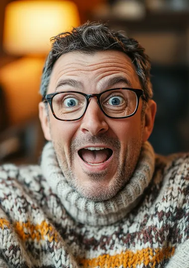 Portrait of a surprised man in glasses smiling indoors at home Portrait of a surprised man in glasses smiling indoors at home