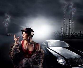 portrait of a woman with fur, a luxury car and a factory