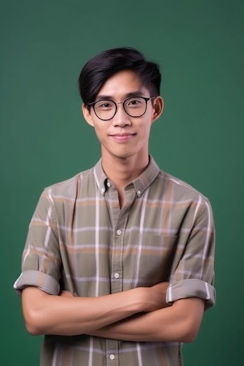 Portrait of an Asian young man wearing shirt, smiling generated by AI